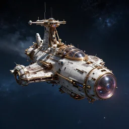futuristic digital art of a steampunk spaceship, deep space background,