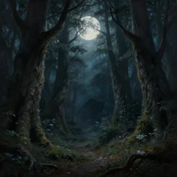 a dark fantasy painting of an enchanted forest by john stephens, highly detailed, moon light, magical, dangerous
