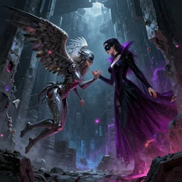 falling into the cosmic void, concrete jungle,, alterd carbon, masked angel protecting girl and a woman, vampre the masquerade, neon, detailed intricate render, dark atmosphere, detailed illustration, hd, 4 k, digital art, overdetailed art, surrealistic, by greg rutkowski, by loish, complementing colors, trending on artstation, deviantart
