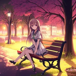 an anime girl sitting on a bench at a park, trending on pixiv, detailed, anime, pastel colors, dramatic lighting, by kawacy