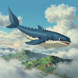 giant leviathan flying over the mountains, clouds and sky, inspired by Nausicaa of the Valley of the Wind, Studio Ghibli, Hayao Miyazaki, 8k, 4k, UHD, HDR, photorealistic, 3D, digital painting, matte painting, environment design, by Victor Nava, Artstation
