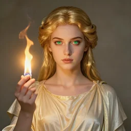portrait of virgin goddess, beautiful gold hair, captivating green eyes, symmetry, iconic, wielding holy fire, stunning woman in slavic dress, wheat fields on sunset, renaissance deity, pagan mother goddess, freya, dramatic lighting, backlit by sun
