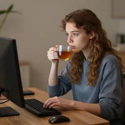 highly detailed matte painting of gen z russian girl drinking tea at her computer, realistic,