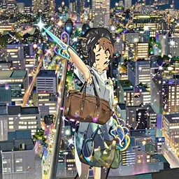 Miko took the glowing magic scissors from her duffel bag by Makoto Shinkai. Anime key visual, bright lighting, Japanese city background, night scene, sparkles, highly detailed.