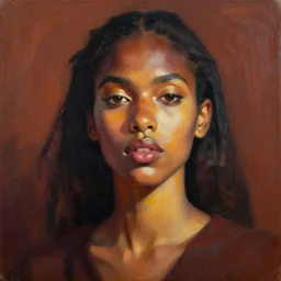 portrait in daring femininity, ethnic, confident face, warm glow, bathed in morning light, captured memory, painterly, radiosity, subtle terrazzo, vibrator color scheme, modern fashion, contemporary art, deep rich hues, oil on canvas