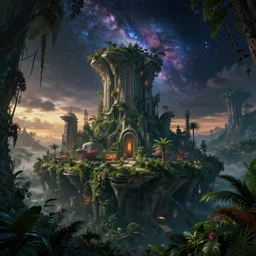 reclaimed by nature by marina tabassum, at fall at night tron matte painting cosmic universe junglepunk rainforest at dawn scumm bar postcyberpunk dramatic lighting apocalyptic architecture island otherworldly san andreas futuristic retro retrowave, archdaily, wallpaper, highly detailed, trending on artstation.