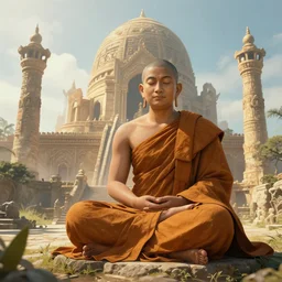 buddhist monk in the Lost city of Atlantis, morning, highly detailed digital art