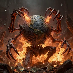 Extremely detailed dark necro earth held by skeletal claws blowing away into a firey oblivion of broken glass painted by Alan Lee, Oddly satisfying photo realistic extremely detailed Cinema 4D render