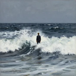 black ocean, crashing waves, dale cooper standing alone amidst waves, lonely!!!!! painting by phil hale, fransico goya,'action lines '!!!, graphic style, visible brushstrokes, motion blur, blurry, visible paint texture, crisp hd image