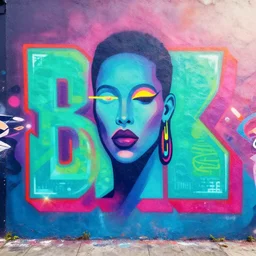 off kilter psychedelic soul, cyberpunk, flat color, minimal, large spray graffiti on a wall by famous london graffiti artist