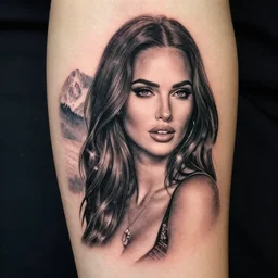 double exposure tattoo design sketch of megan fox with beautiful mountain scenery, realism tattoo, in the style of matteo pasqualin, amazing detail, sharp