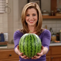 janet from the good place tv show, offering a spiky watermelon