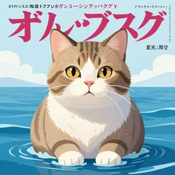 japanese magazine cover of one giant cat in the middle of the sea illustrated by miyazaki, hiroyuki kato, keisuke goto, highly detailed, concept art, illustration art