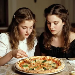 sharing a pizza, young sophia loren, young queen margherita of italy, smooth lighting, exquisit detail, masterpiece, timeless, 1 8 9 0 photo by letizia battaglia
