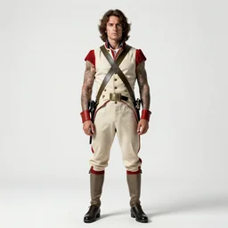 tattooed revolutionary war soldier, photorealistic portrait photography, full body, standing, isolated on a pure white background, centered, whole figure in frame, sharp focus, studio lighting