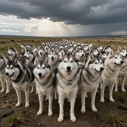 an infinite amount of huskies stretching towards the horizon, photorealistic