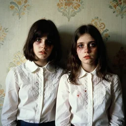 a baroque painting of two beautiful but creepy siblings wearing oxford shirts in layers of fear, with haunted eyes and dark hair, 1 9 7 0 s, seventies, wallpaper, a little blood, morning light showing injuries, delicate embellishments, painterly, offset printing technique, photographed on kodachrome by brom, robert henri, walter popp
