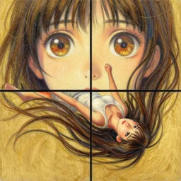 recursive image with a girl falling in love, fibonacci, large eyes, her long hair flowing, surreal, oil pastels and gold, in the style of katsuhiro otomo, modeled in poser, redshift render, uhd