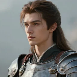 close up of a young emperor wearing an armor ; masculine man with thin faces line and perfect jawline, two sides brown hair, elegant, ethereal horror fantasy art by jeremy mann, magali villeneuve and claude monet