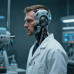 a laboratory operator man with cybernetic enhancements, scifi character portrait by greg rutkowski, craig mullins, cinematic lighting, dystopian scifi gear, profile picture, cyborg