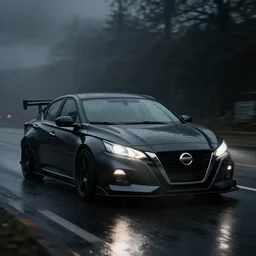 black Nissan Altima 2022. Altima GT Performance modified large spoiler, big front lip, wide bodied, car driving on dimly lit street overcast skies raining. headlights illuminating road, volumetric lighting cinematic vray photo muted colors dark cinematic. dark photo. front side view uncropped centered. artstation trending dramatic harsh lighting low exposure, motion blur, dof