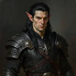 character design, portrait of a attractive half elf half orc male with long black hair and proeminent cheekbones, medieval, dark tribal armor, painting by wlop, nixeu and greg rutkowski, beautiful, cgsociety, semirealism, artstation, octane render, sharpness, 8 k, golden ratio