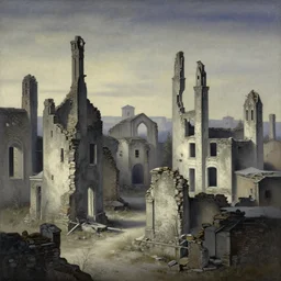 an old ruin of a city with a soft hivernal light painting by de chirico