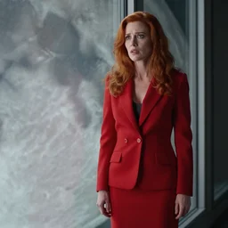 a medium full shot detailed portrait photograph by annie leibovitz of a beautiful scottish redheaded woman looking anxious in a tailored red suit standing next to a plate glass window. outside we see the surface of the moon. sci fi, futuristic, cinematic, soft lighting, sci fi, bladerunner, canon eos r 3, f / 3, iso 2 0 0, 1 / 1 6 0 s, 8 k, raw, unedited