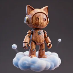 3 d octane render, ultra photorealistic, 8 k hyper detailed image, a beautiful wooden statue of a figurine of a robot wood with cat ears on a magic cloud, cyberpunk,