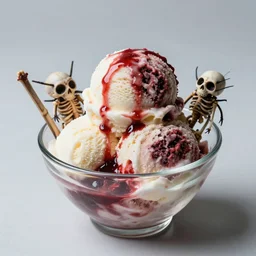 ice cream of the macabre skin and bones flavor, scops in glass bowl, flesh, blood, evil, horror,