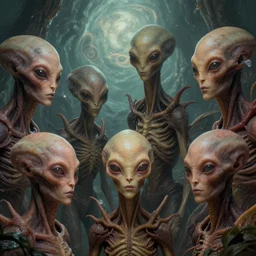 alien creatures with realistic human faces and skin on an alien world, artstyle greg rutkowski, very intricate details, high resolution, 4 k