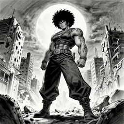 , thicc instagram model in afro samurai anime style, full body profile, dynamic wide angle lens, manga style, greg rutkowski, pencil and ink, full moon lighting, fully clothed in a post apocalyptic city