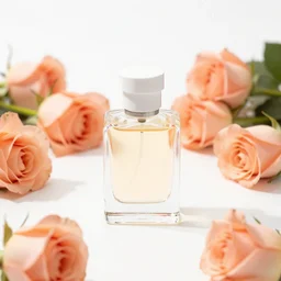 perfume bottle sitting on a white surface surrounded by a plethora peach colored roses, bright white realistic, up close shot, white background, zen, light, modern minimalist f 2 0