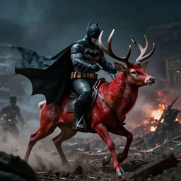 batman riding demonic red deer in battlefield, dark, cinematic lighting, chaotic, wide shot, photorealistic, photograph