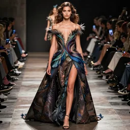 women's clothing inspired by nicobar pigeon, model walking on catwalk during fashion week in nyc, designed by oscar de la renta, high fashion, high resolution