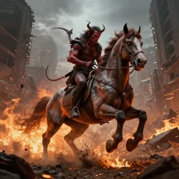 the devil riding a mutant horse, riding through fire and mud in an apocalyptic destroyed city, trending artstation, octane render, cinematic lightning, 8k, simulacra
