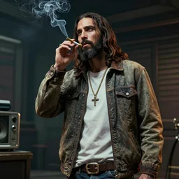 hipster jesus christ smoking a joint, gta artstyle, wide shot, dramatic lighting, octane render, hyperrealistic, high quality, HD, cinematic