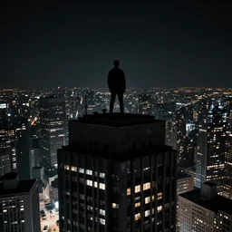 human standing on top of tall building, watching the city at night, noir comics style, sharp focus, less detailes, 8 k, high resolution