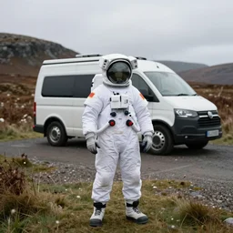 tourist astronaut standing in the Isle of Harris, Scotland, a campervan in the background, 28 mm lens, photorealistic