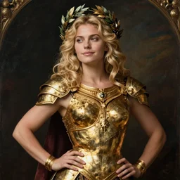 beautiful rugged sultry thick saoirse ronan, blonde hair, wearing gold armour, posing seductive, smirk, ornate wreath, oil painting by titian, hard focus, portrait