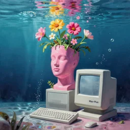 a surreal surreal surreal vaporwave vaporwave vaporwave vaporwave painting by Thomas Cole of an old pink mannequin head with flowers growing out, sinking underwater, Macintosh Plus, Macintosh Plus, Macintosh Plus, highly detailed, caustics, sunrays, 8k hyperdetails