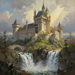 a beautiful painting of a castle, waterfall, god rays by greg rutkowski and kalin popov, trending on artstation, masterpiece,