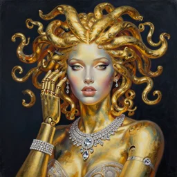 a beautiful painting lovely seductive gold medusa robot, jewelry, diamond jewelry. by ukiyo - e award - winning art, andy warhol color, ultra detailed, hyper realistic, 4 k, dramatic light, octane render