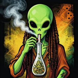 alien smoking weed and getting high, rips bong, raggae art, # 4 2 0, # smokeweedeveryday, rasta
