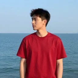 guy with short dark hair on his side, dressed in a red t - shirt, standing still against the background of the sea digital art, 8 k, character, realism, portrait