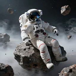 A realistic detailed photo of a spaceman lost on a meteorite, space, space debris, detailed body, glass reflections, foggy landscape, bits of rock floating in space, light particles, detailed light, realistic shaders, trending on artisation, detailed textures, detailed, realistic.