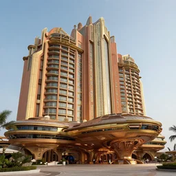 exterior of the atlantis paradise, a retro futuristic spaceship made of brass bronze gold, art deco influence, hotel style design. bioshock, starship titanic.