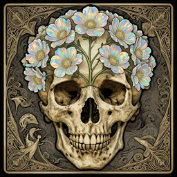 the sprout of the tree of life has blossomed beautiful iridescent flowers sprouting from the eye socket of a charred skull. Intricate artwork by Aubrey Beardsley and dan mumford and beeple | iridescent