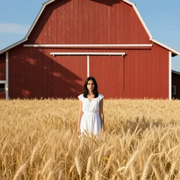 a young woman protecting! herself from the sun in the shadow! of a red barn! in a wheat crop. black hair, white dress, sharp focus, wide angle, trending on artstation, eddie mendoza, ( anato finnstark ), ( randy vargas ), ( wu bayard ).