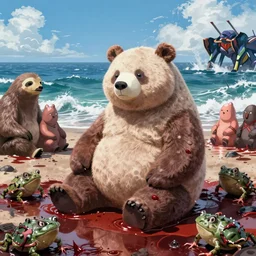 high resolution 8 k made in abyss design akihito tsukushi design body chubby bear war bloody war wounded frogs sea of blood a bloody conflict visceral military sitting by an ocean of blood the group of pepes sitting at the shore dream like end of evangelion, fractals, chubby bear sloth bear at war, art in the style of and oleg vdovenko and